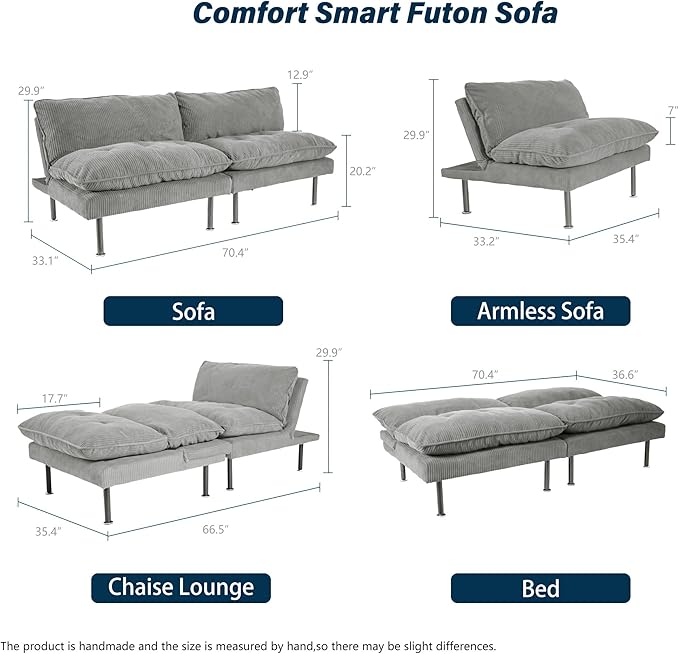 Ribilake 70" Futon Sofa Bed, 4 in 1 Multi-Function Couch Sleeper