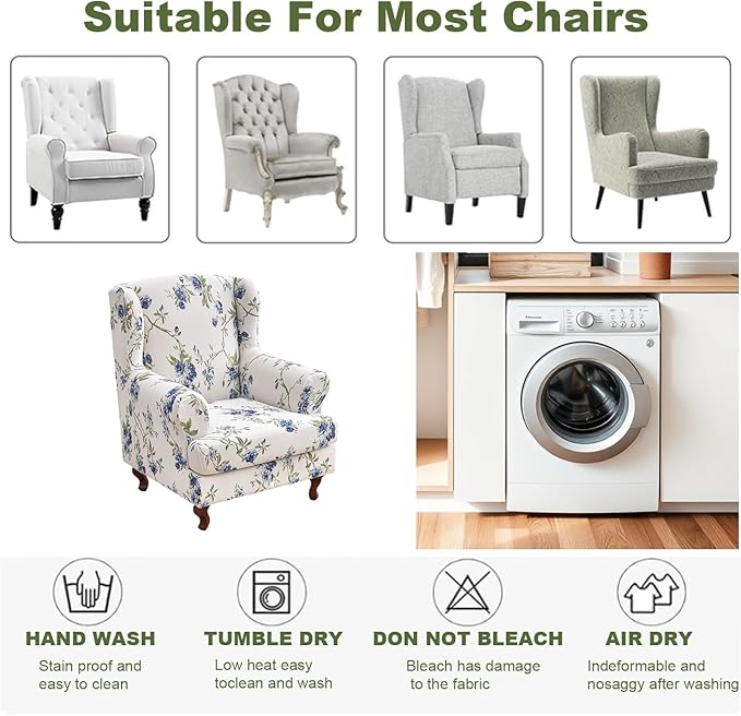 HAOYONG Wing Chair Slipcovers Elastic Printed Wingback Chair Covers 2 Pieces
