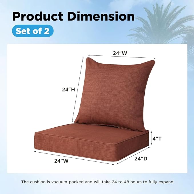 Outdoor Deep Seat & Back Cushion Set, 24 x 24 Inch Water Repellent and Fade