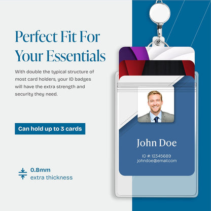 Will Well ID Badge Holders with Holes for Lanyards and Keyrings - Vertical Clear Plastic 2.6" x 3.7" Inner Size Sleeves Fit Up to 3 Cards, 0.8mm Thick Waterproof Resealable Zip Type - 50-Pack