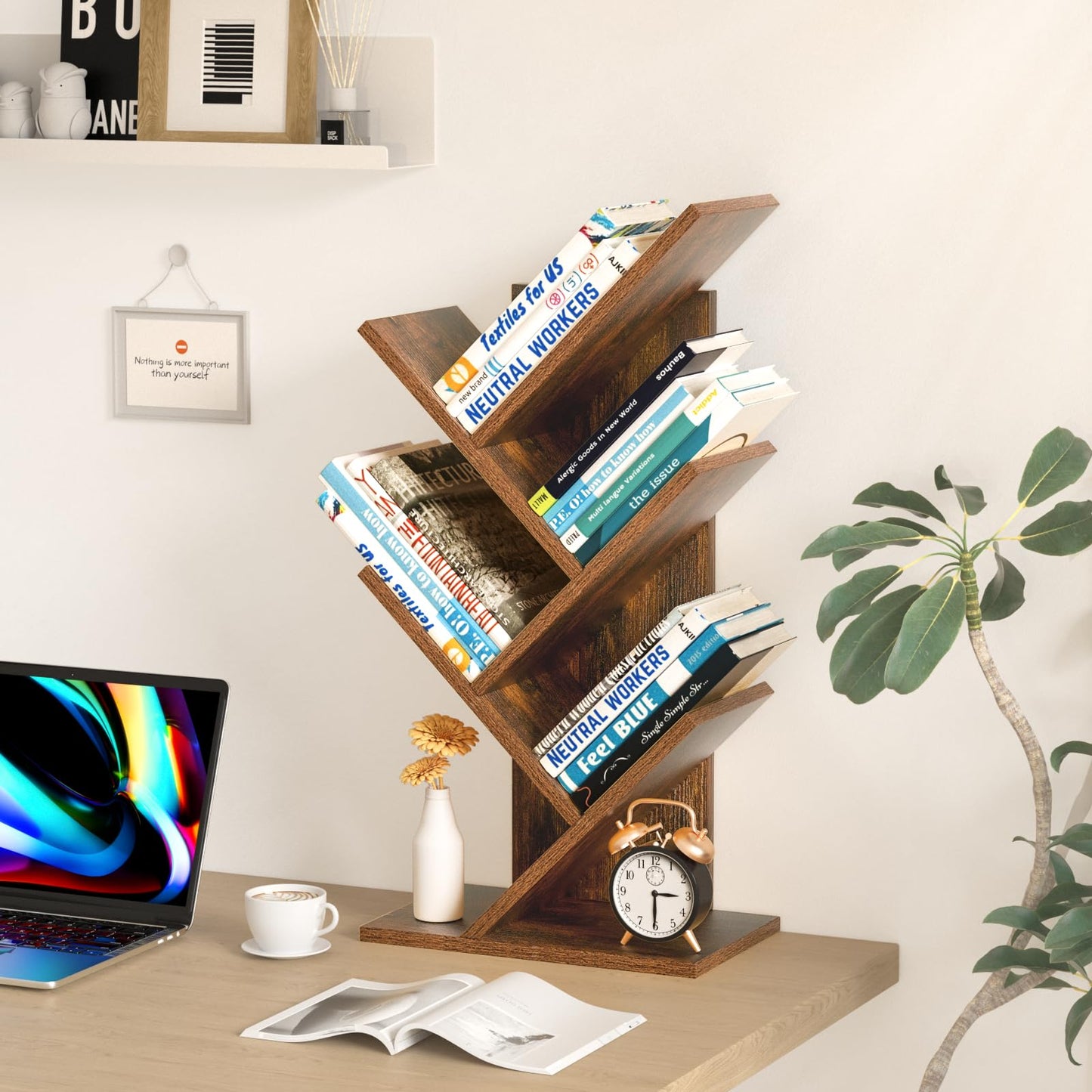 SHEEPAM 5 Tier Tree Book Shelf, Small Desktop Bookshelf with Storage Organizer, Wood Bookcase, Desk Display Bookshelves, Floor Standing Organizer Bookcases for Living Room,Bedroom,Office-Brown