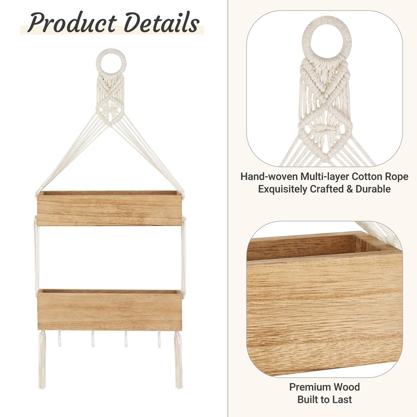 Mkono Macrame Wall Hanging Shelf Wood Floating Shelves with Cute Woven Rope Boho Room Decor Display Photos Plant Hanging Storage Shelves for Bathroom, Bedroom, Living Room, Nursery
