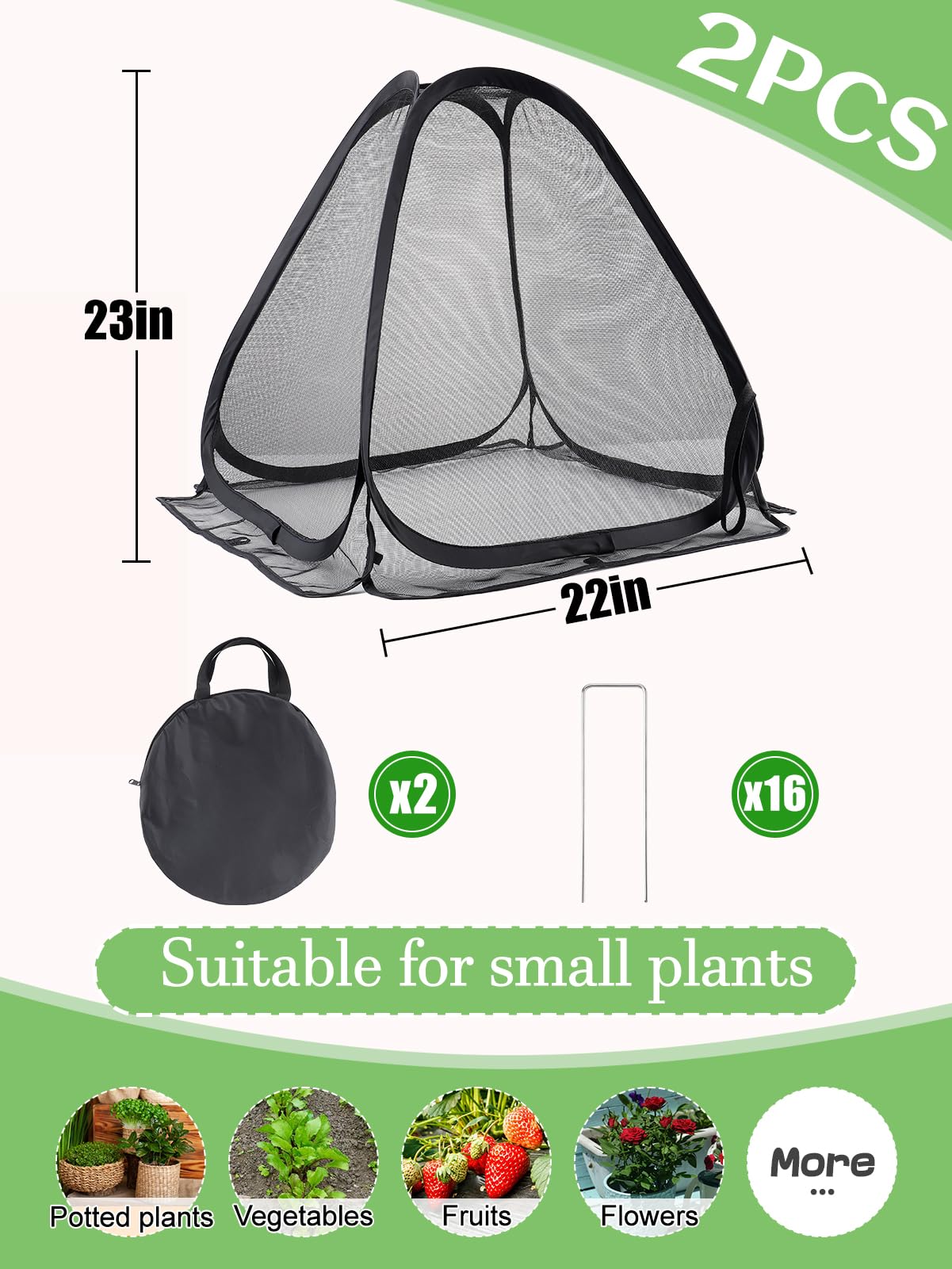 2-Pack Durable Plant Covers - Pop-up Fine Mesh Plant Tents with 8 Stakes, 22''x22''x23''Plant Protectors, Garden Crop Guard Cages for Vegetables Fruits Away from Animals Birds Deer Squirrels