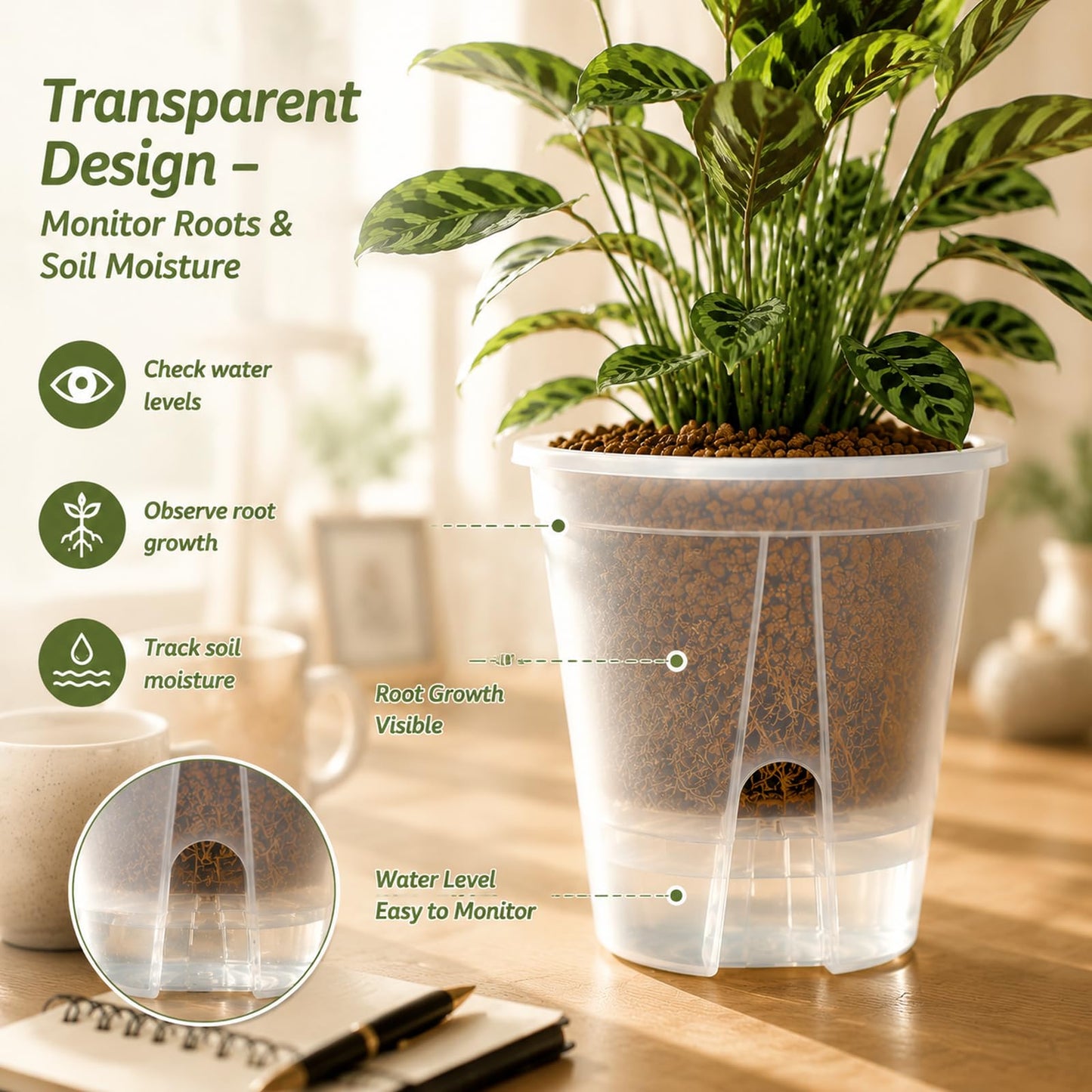 Sileasncei Self Watering Pots Clear – 5 Pcs 6" Indoor & Outdoor Planters, Deep Reservoir, High Drainage & Breathable Design, Perfect for Busy, Travel, Beginner Plant Care