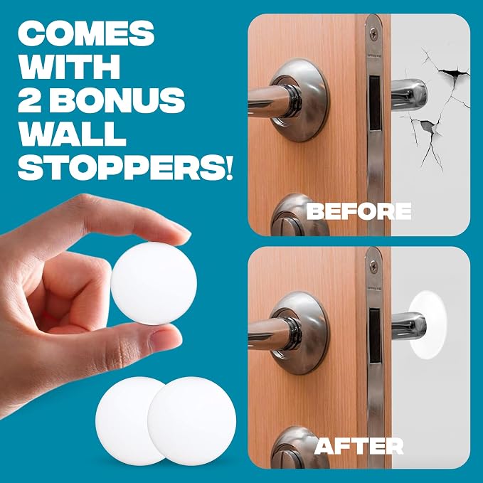 STRONGEST HOME Stoppers for Bottom of Door – Heavy Duty Metal Rubber Door Stopper, Non-Slip Door Stop for Heavy Doors, Works on Wood, Tile & Carpet Floors, Folding Chrome 1 PC + White Wall Protectors
