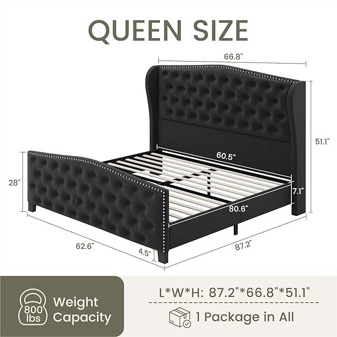 LARMACE Queen Size Bed Frame Velvet Upholstered Platform Bed