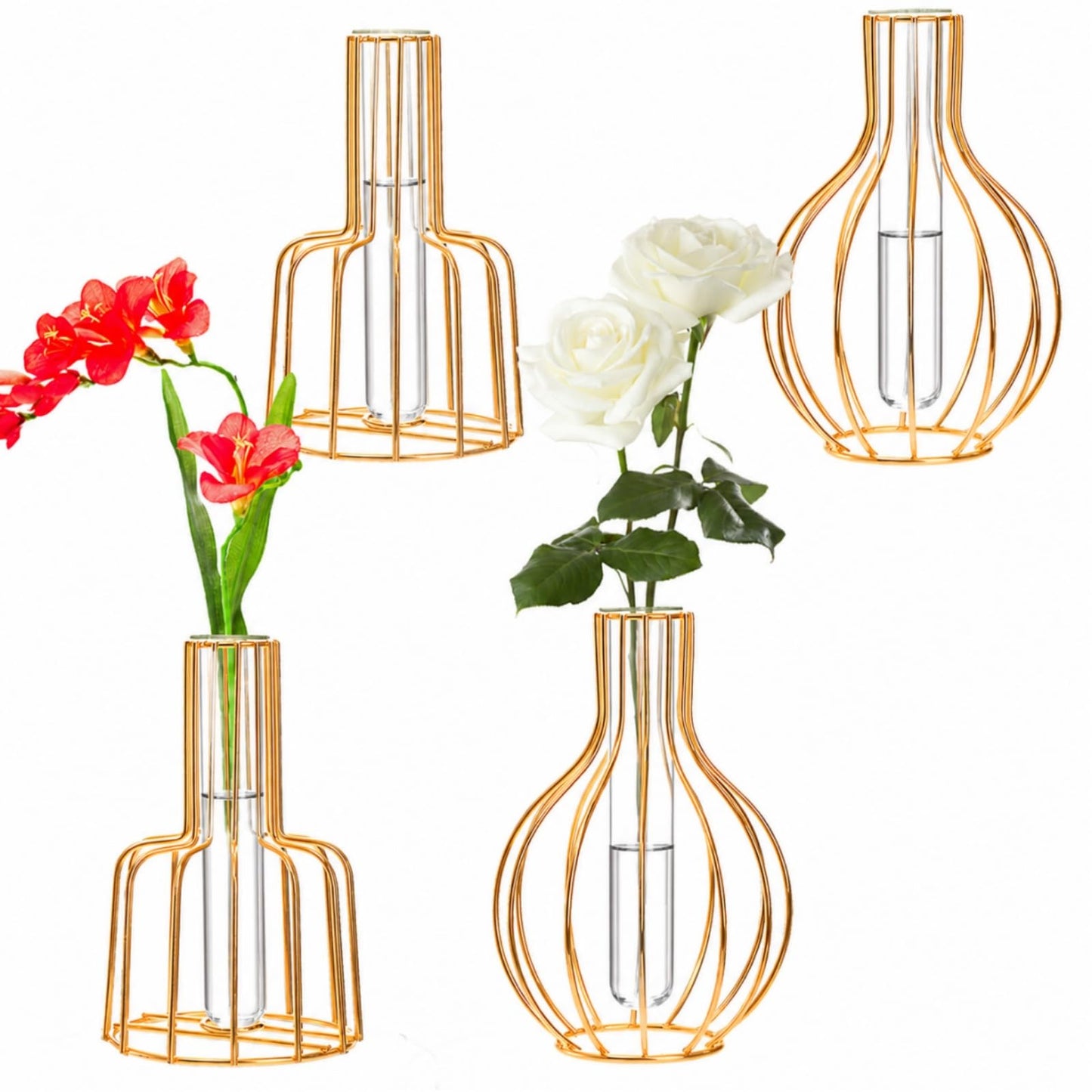 Dicunoy 4 Pack Gold Flower Vases, Small Plastic Test Tube Vase with Metal Frame Stand, Small Bud Vase for Pampas, Wedding, Table Centerpieces, Living Room, Plant Terrariums for Propagating Hydroponic