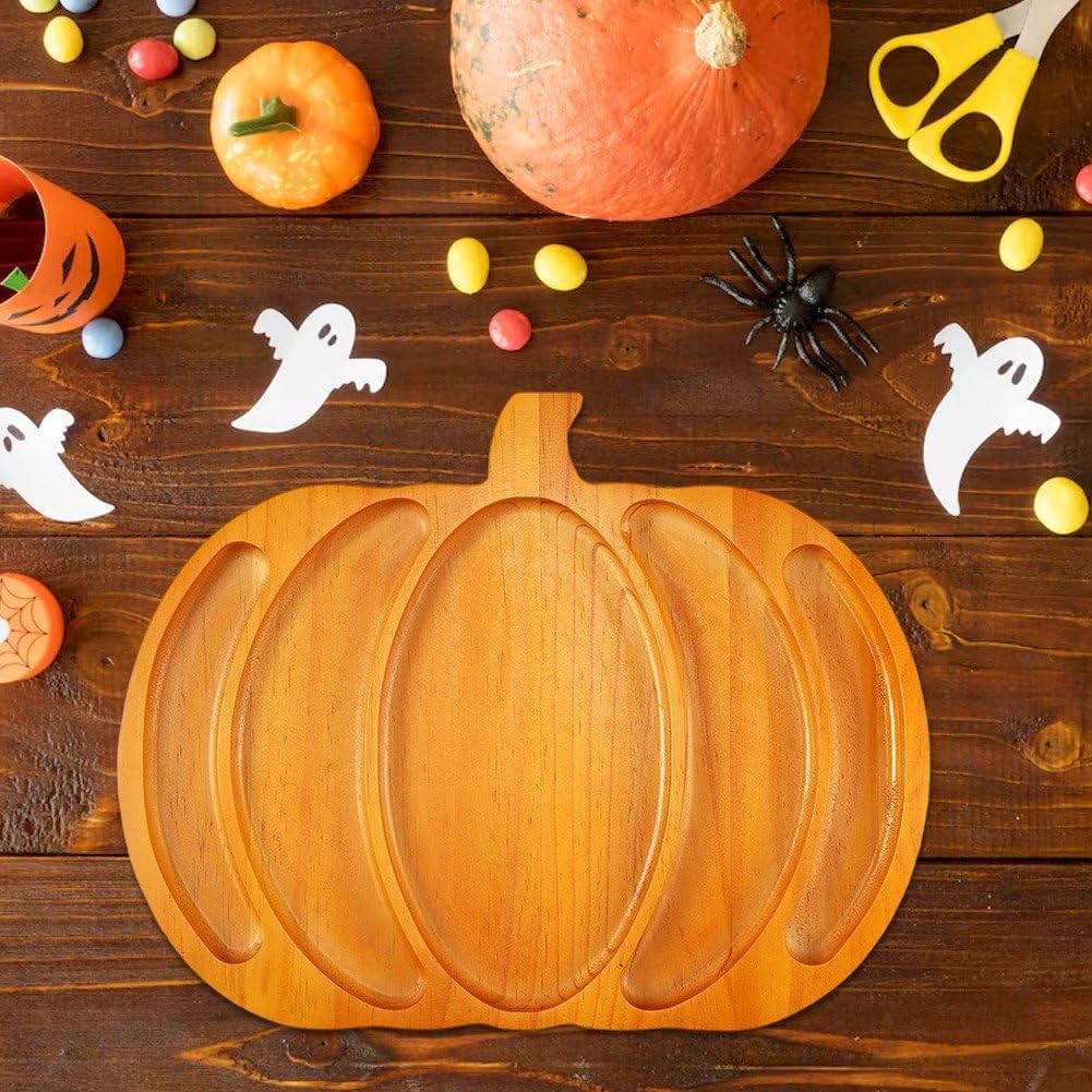 Vbsqic Halloween Pumpkin Tray Wooden Pumpkin Platter Party Cheese Platter Serving Tray Plate,Dried Fruit Dessert Tray for Home Halloween