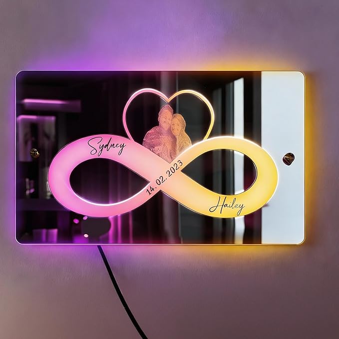 VEELU Personalized Photo Mirror Light Custom Couple Name Neon Signs LED Forever