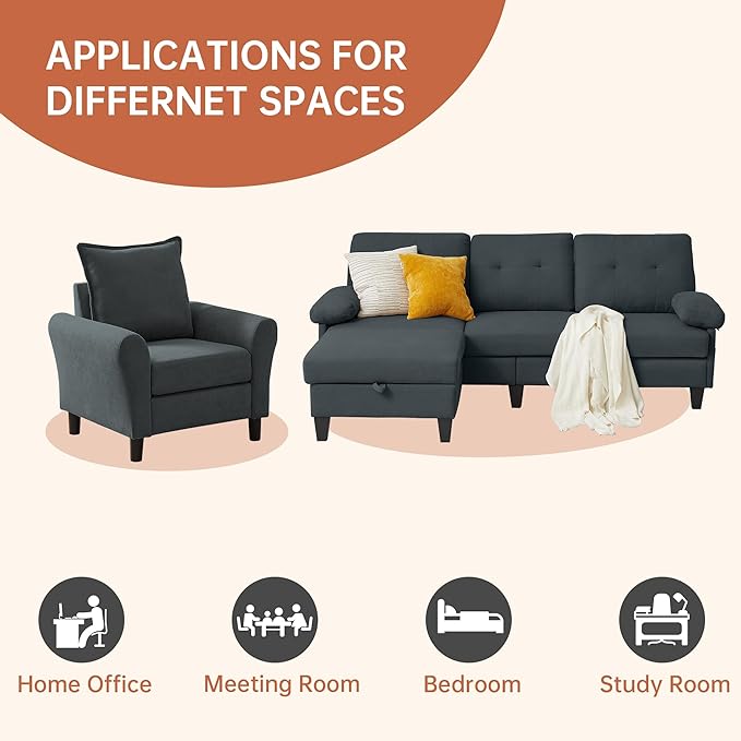 2PCS Sectional Sofa Set with Ottoman, Modern Linen 4 Seater Couch Set with Side