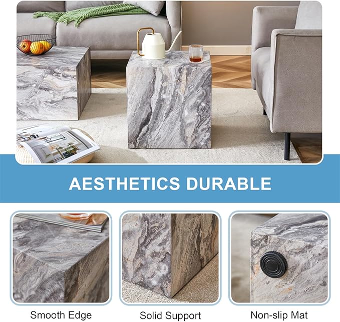 Coffee Table Set for 3, Living Room Table Set, Faux Marble Coffee Table and