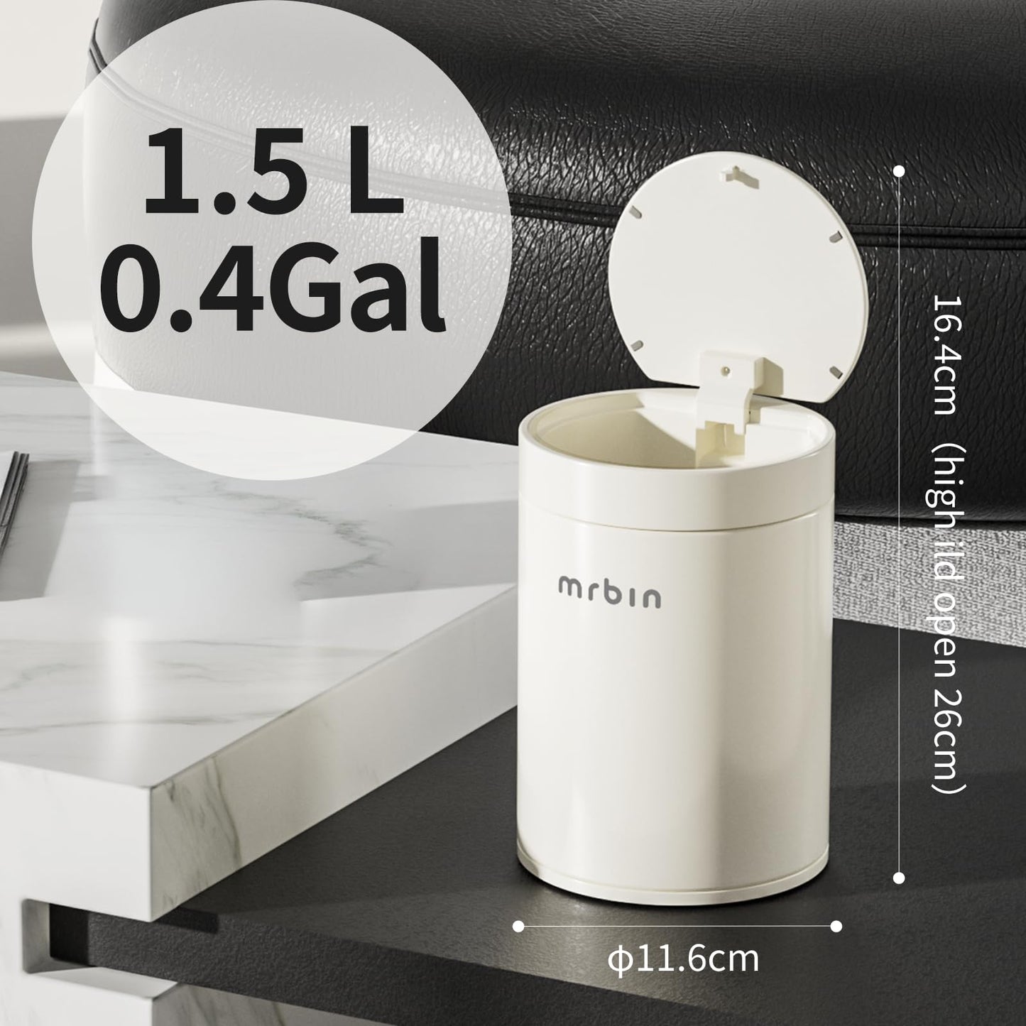 MRBIN Mini Desktop Trash Can with Press Lid, 1.5L/0.4Gal Cylindrical Stainless Steel Tabletop Garbage Bin, Cream White, Anti-Fingerprint, Small Waste Basket for Desk, Vanity, Office, Bedroom