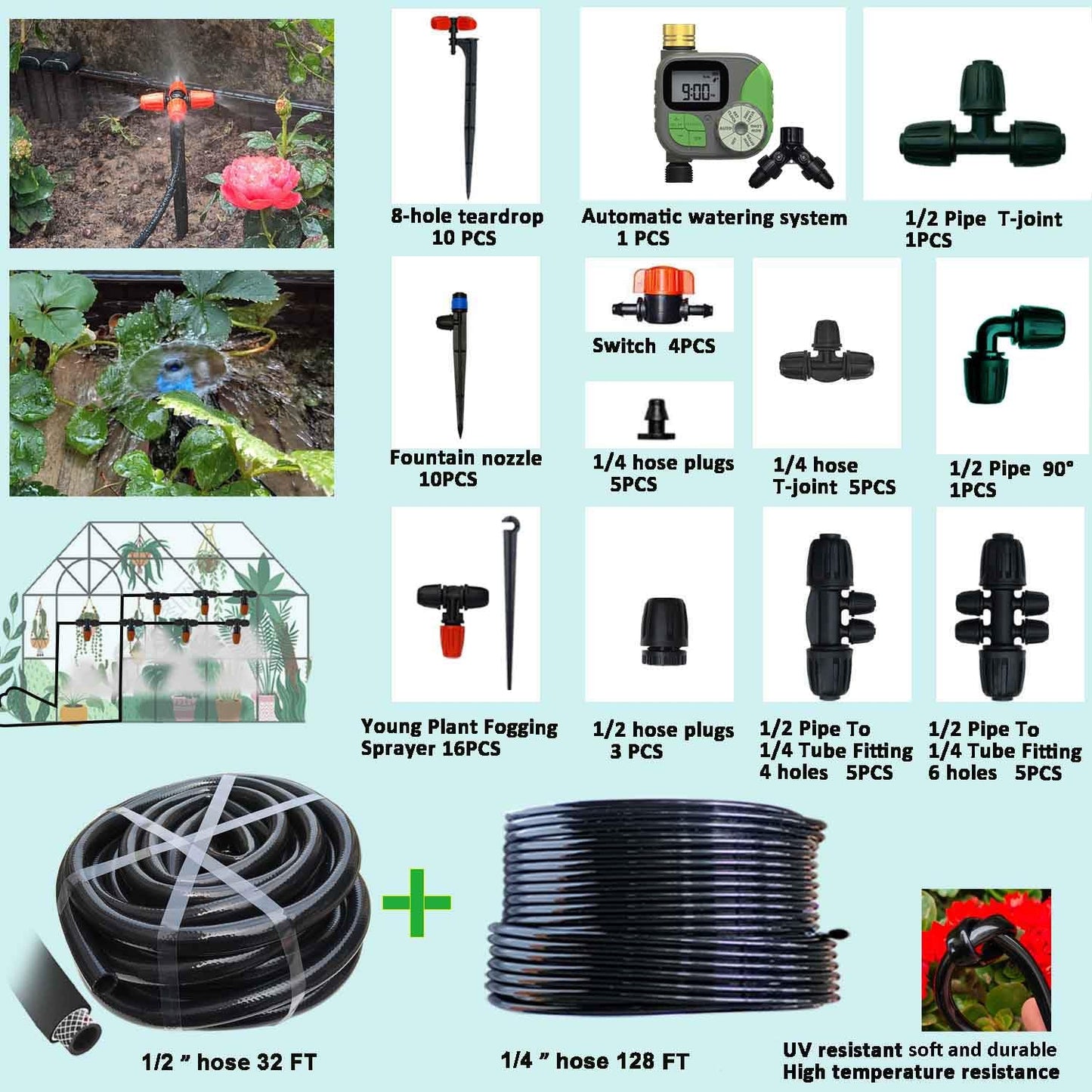 160Ft Drip Irrigation System for Garden with Water Timer, Main Water Hose ID 1/2inch 32Ft, 1/4in 131Ft, Sufficient Water Pressure, Irrigation Dripper Waterflow Evenly, Easy DIY Garden Watering System