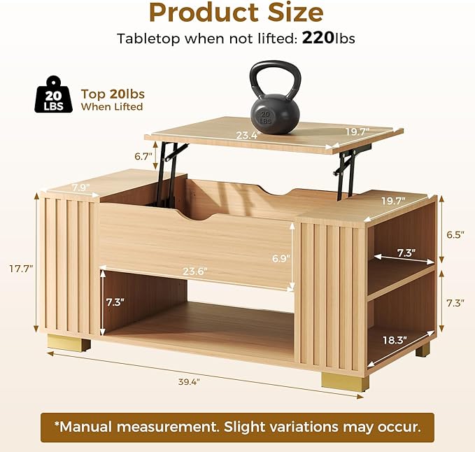 COMHOMA Lift Top Coffee Tables for Living Room, Adjustable Wooden Tea Table for