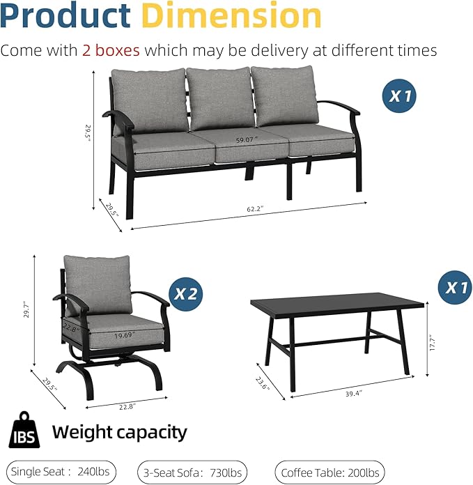 ALAULM 4 Piece Patio Furniture Set, Outdoor Metal Patio Furniture