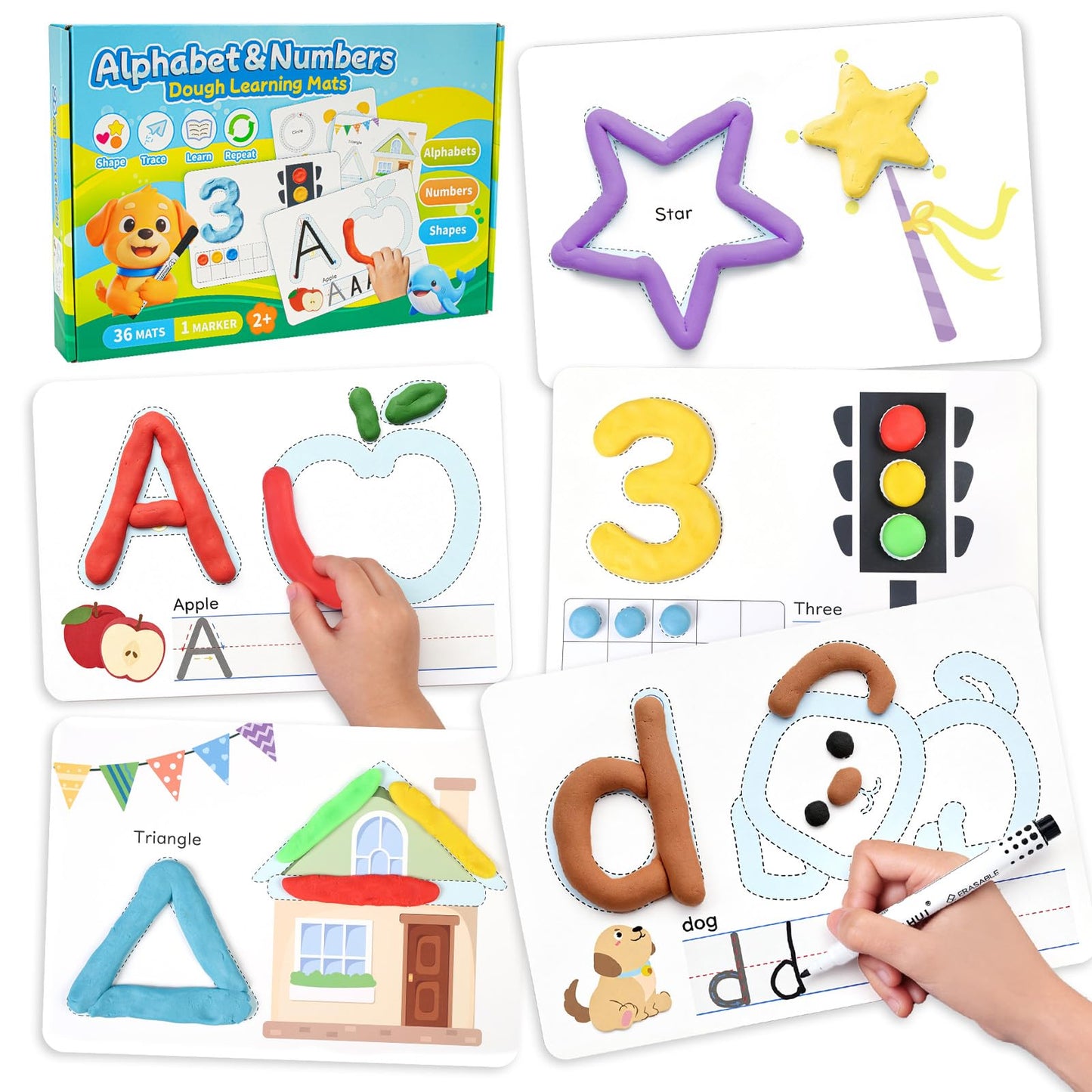 Crelloci Alphabet & Number Dough Learning Mats for Kids Ages 2+ – Double-Sided ABC, Counting & Shape Activity Cards, Reusable Write & Wipe Preschool Learning Set with Marker