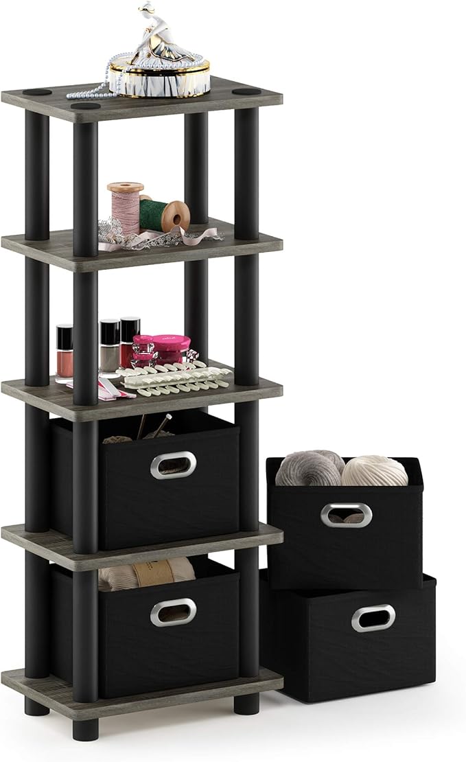FURINNO Turn-N-Tube LACi 4-Bins System Rack, French Oak Grey/Black