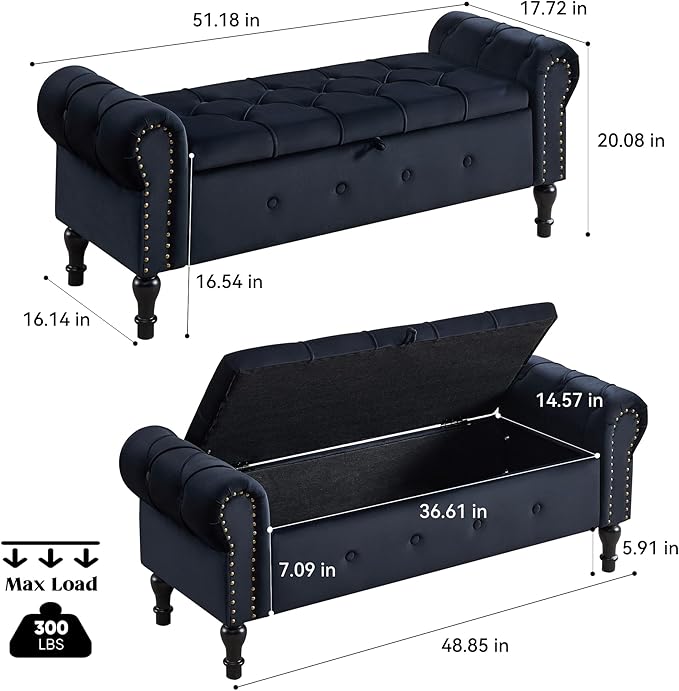 Storage Bench for Bedroom, Velvet 51" End of Bed Bench, Queen Size Bench