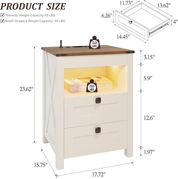 HWB LED Nightstand with Gun Drawer: Bedside Table with Charging Station