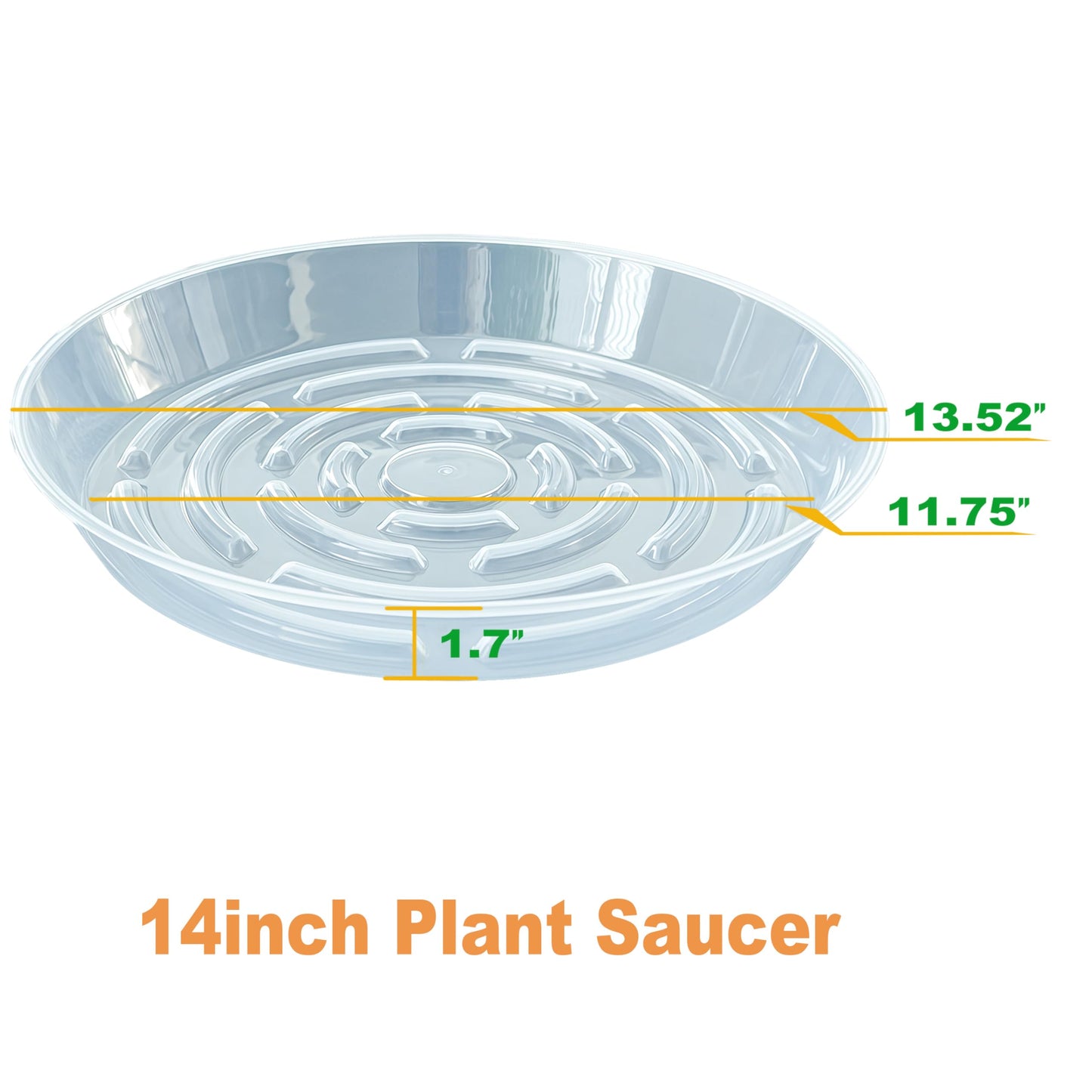 MSKIAUO 2 Packs Plant Saucer Pot Tray, 14 inch Clear Flower Planter Saucers and Drip Trays, 13 inch Plastic Flower Planter Saucers for Indoors Outdoors, Heavy Durable Plant Plate Water Catcher