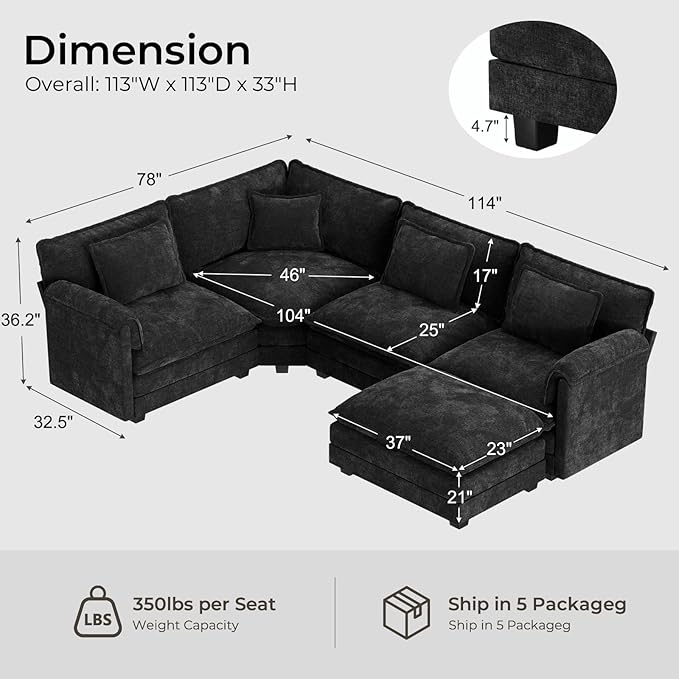 ELUCHANG 114" Oversized V-Shaped Cloud Couch Modular Sectional Sofa