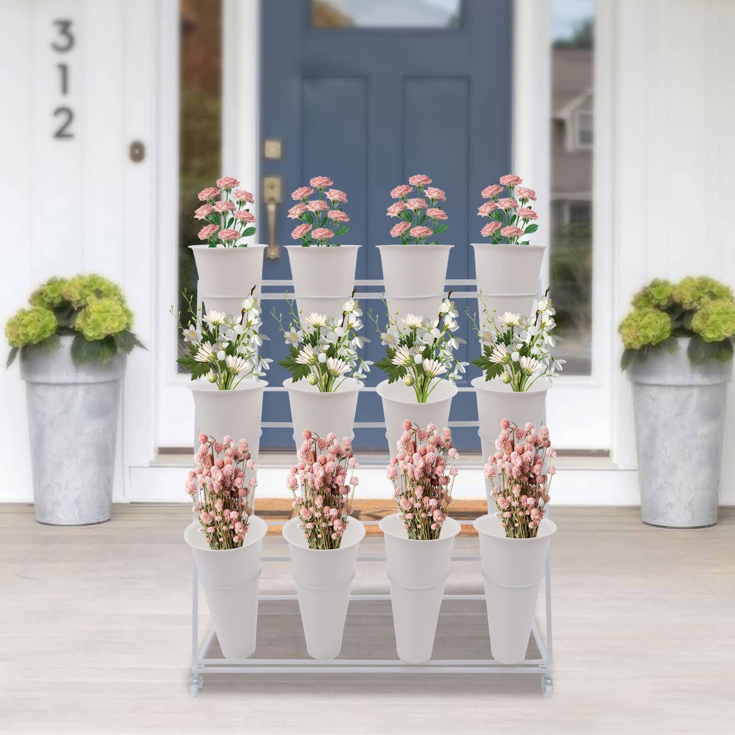 Knwigoe 3-Tire Flower bar with 12 Buckets ,Flower Stand Bart,Flower Cart Display Mental Outdoor Plant Carts for Patio Garden Balcony