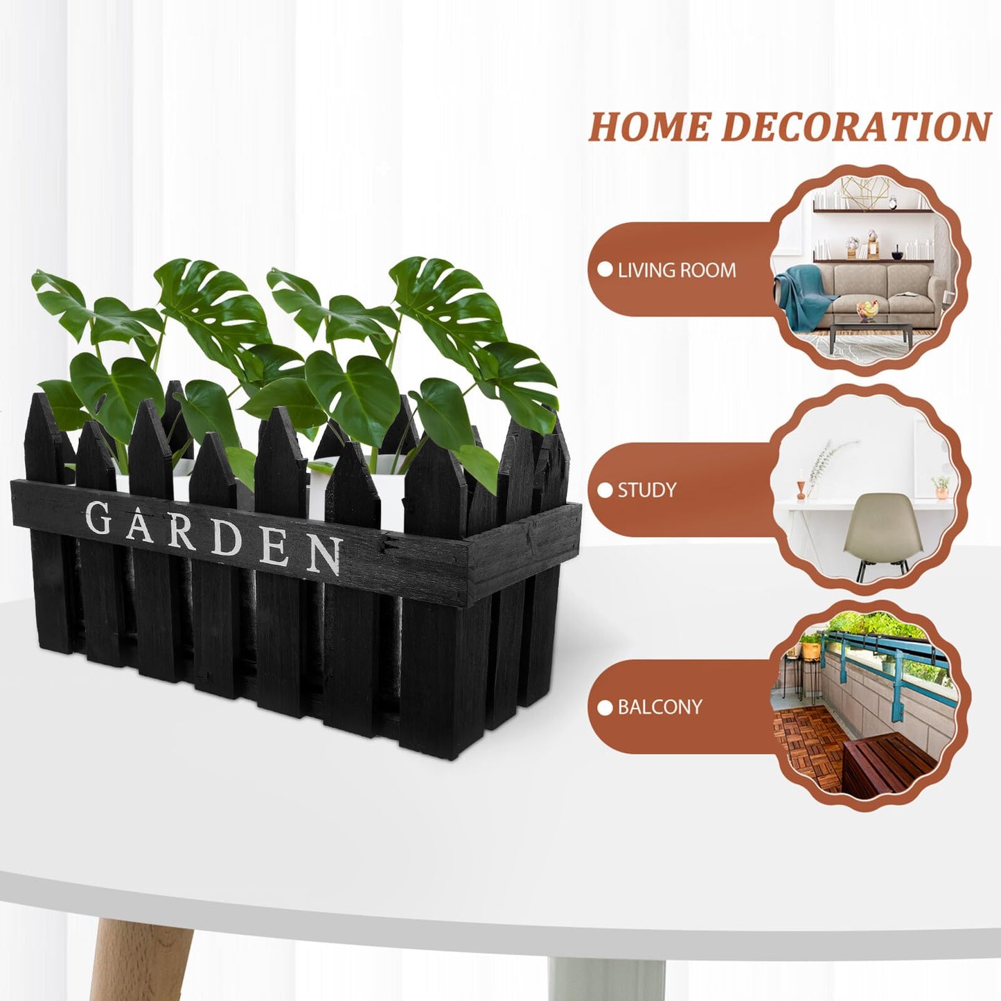 Angoily Creative Wooden Fence Flowerpot Planter Box for Balcony and Garden, Rectangular Black Wood Plant Container, Decorative Green Plant Pot for Outdoor Patio Use