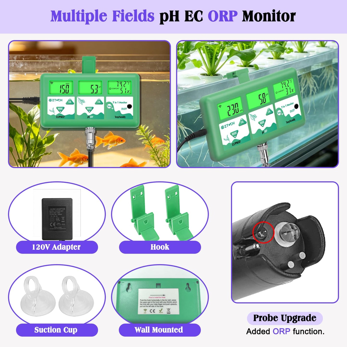 EZTOCH pH Monitor Hydroponic Continuous 7 in 1 EC pH TDS CF ORP Monitor, WiFi Continuous Monitoring pH EC PPM Humidity Temp Meter of Aquaponic, DWC Hydroponic System, Aeroponic Garden
