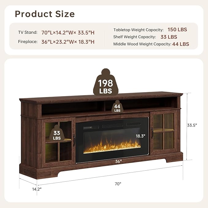 70" Fireplace TV Stand, Farmhouse Entertainment Center