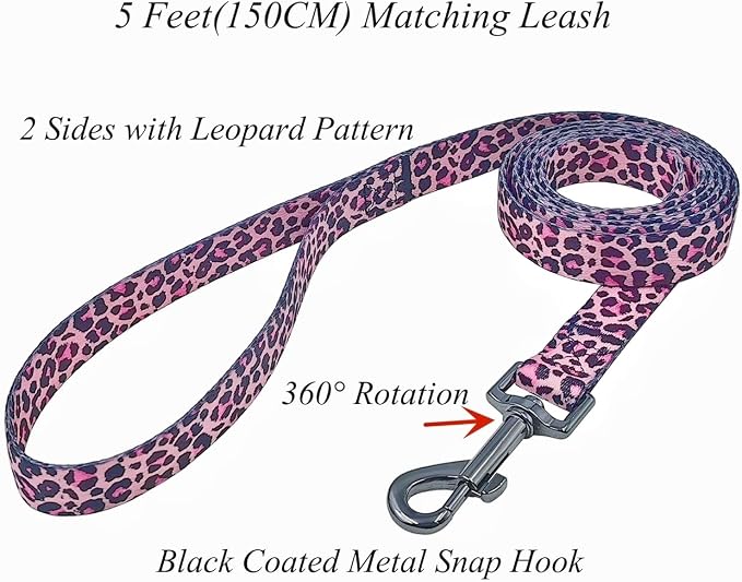 Dog Collar Leash Set, Leopard Pattern, Polyester Material, Adjustable Collar and 5ft Matching Leash, for Medium Dogs.(M, Colorful Leopard)