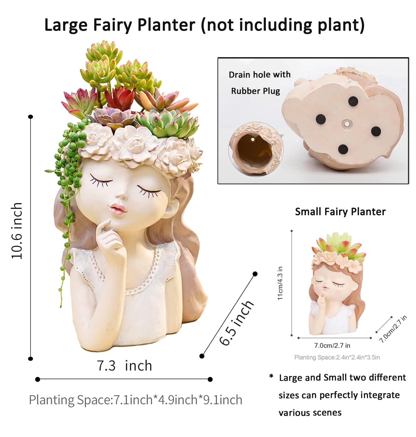 Snowy sunday Large Girl face planters -2pack Cute Big Succulent Pot with Drainage Hole Tall Lady Head Planter Resin Flower Pot Decorative vase for Indoor and Outdoor Plants Gifts for mom/Aunt/Lover