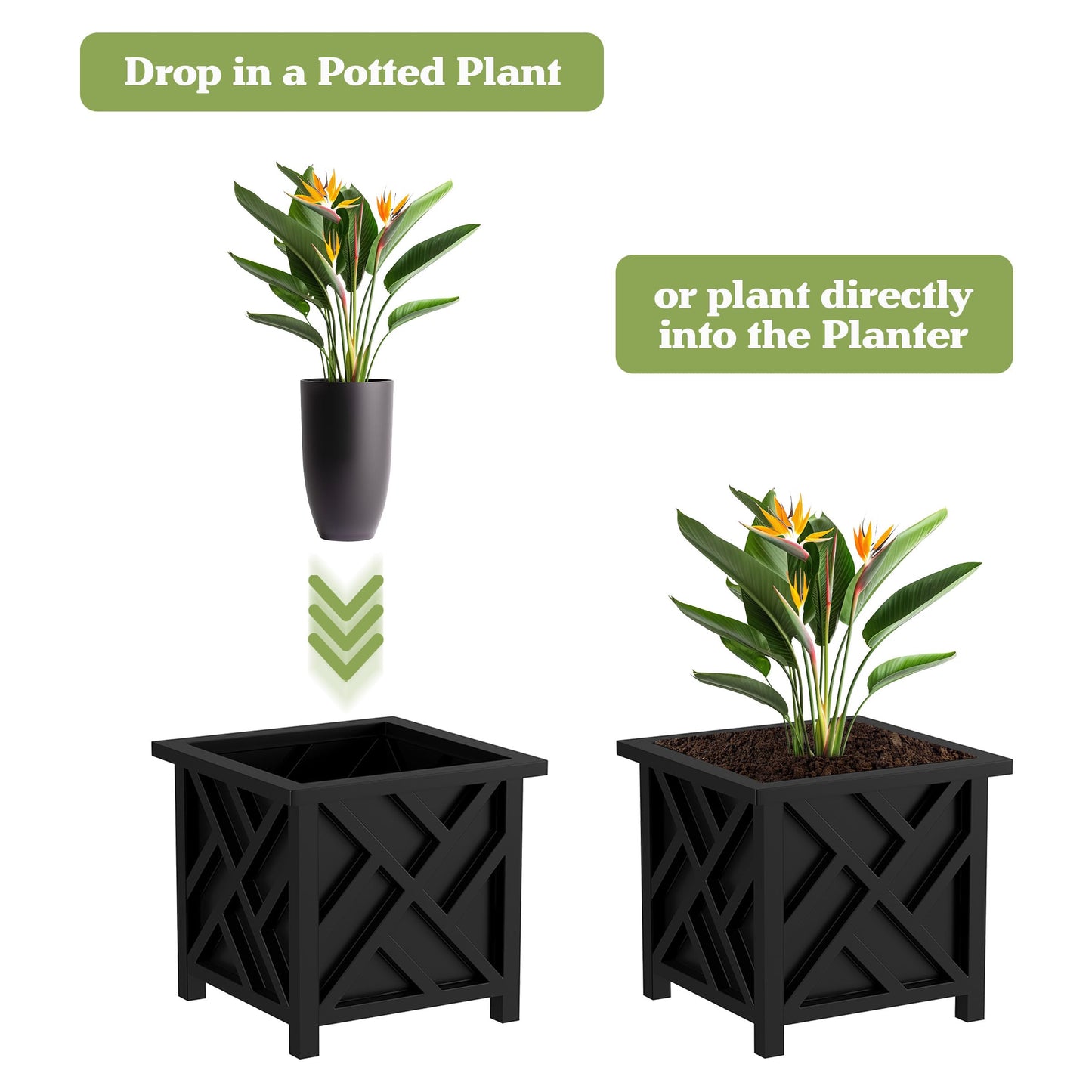 Lattice Design Planter Box 2-Pack – 14.75-Inch Decorative Outdoor Flower or Plant Pots – Front Porch, Patio, and Garden Decor by Pure Garden (Black)