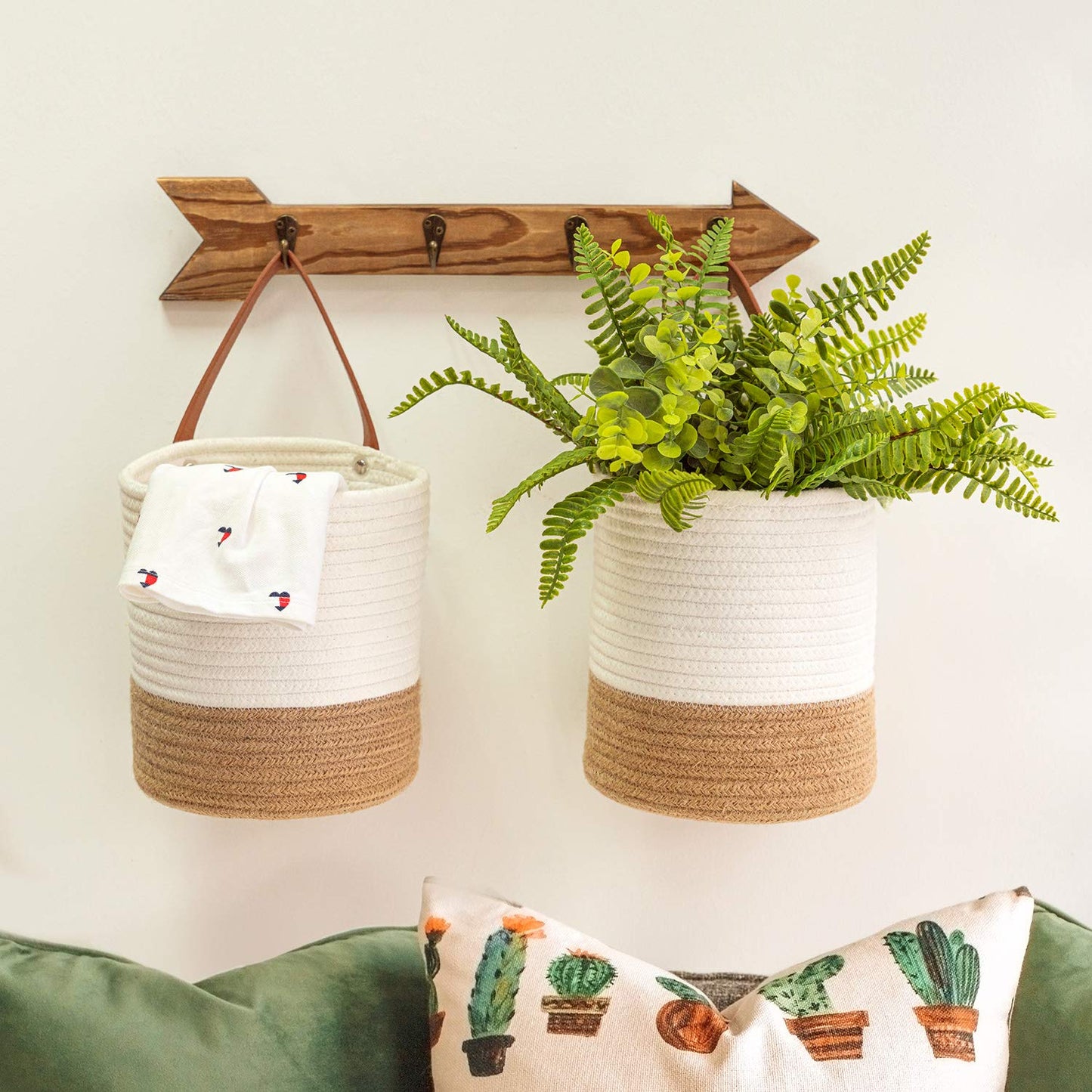 Goodpick 2pack Jute Rope Hanging Basket - Small Woven Fern Wall Hanging Baskets Flower Plants, Woven Basket Key Storage Baskets, White and Jute 7.87 x 7 x 11.7 inches