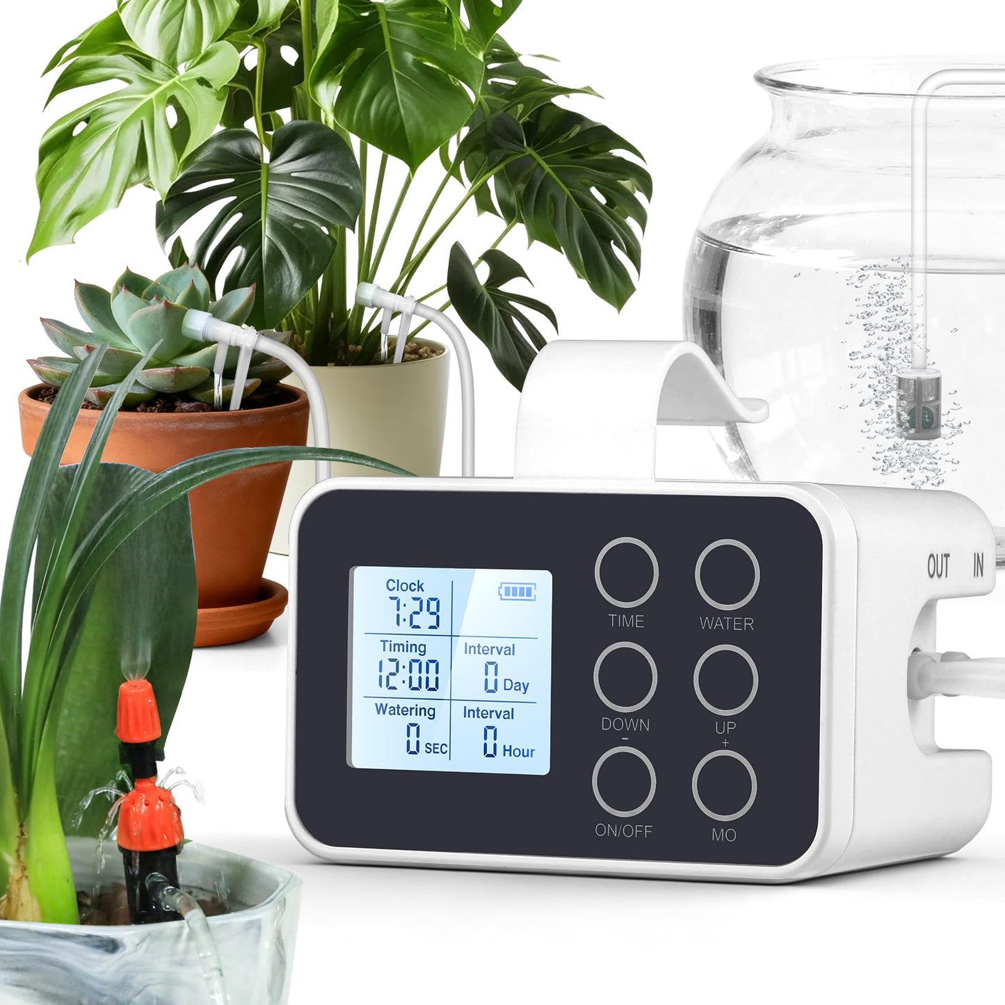 BAOSHISHAN 15 Potted Indoor Plant Watering System with 2-in-1 Spray & Drip Emitter, Battery Powered Automatic Plant Waterer Indoor Programmable Timer for Vacation Travel