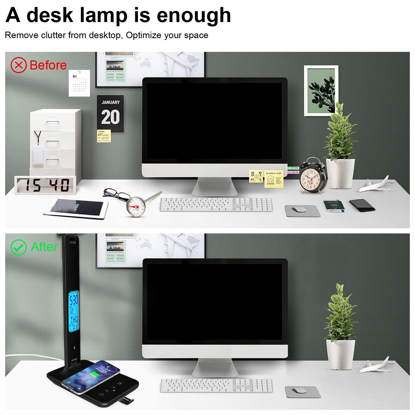 snsok Desk Light with Wireless Charger, USB Charging Port, Dimmable Office Desk Lamp with Clock, Alarm, Date, Temperature, Foldable Lamp for Table Bedroom Bedside Office