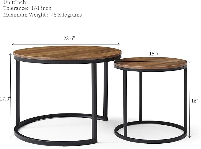 Homy Casa 23.6inch Round Coffee Table Set of 2, Modern Nesting Coffee Tables