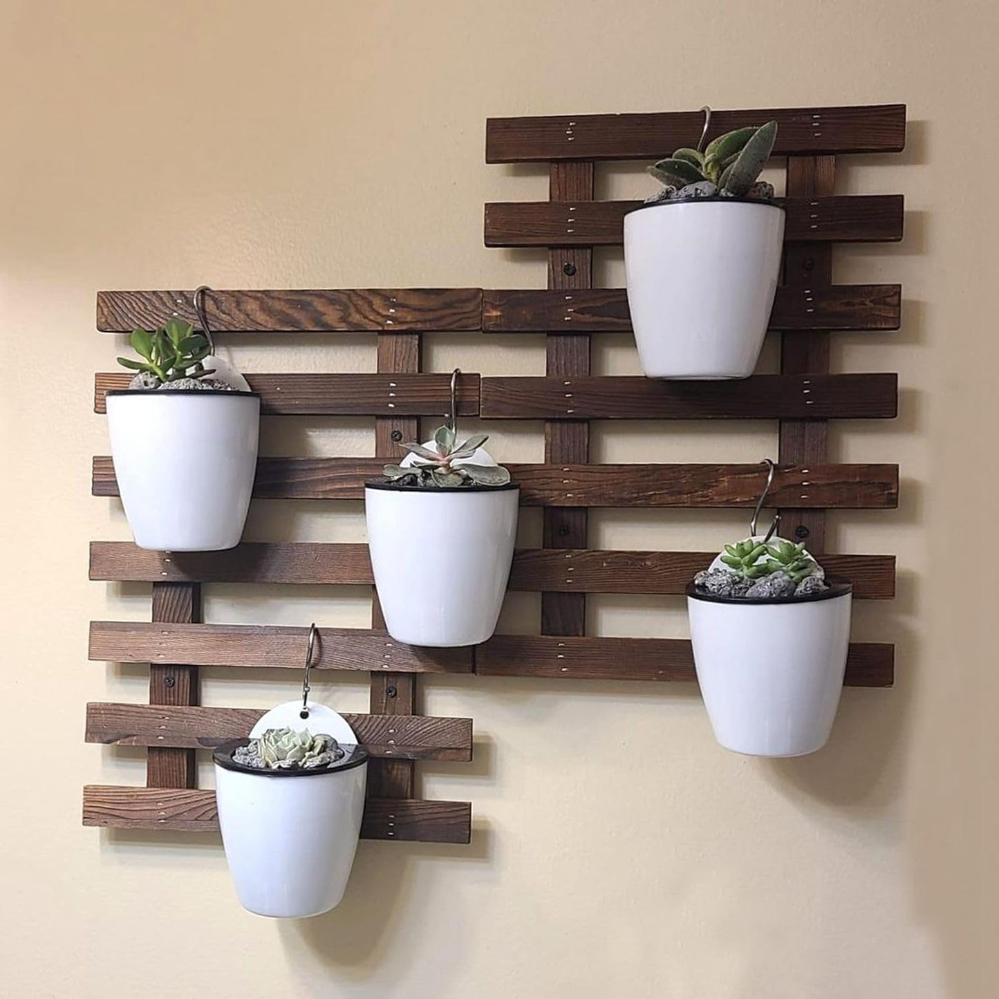 MOUYAT 6 Pcs Plastic Self Watering Hanging Planters, 7 Inch White Wall Mounted Flower Pots with Hooks and Cotton Ropes, Lazy Flower Pots for Outdoor Indoor Plants