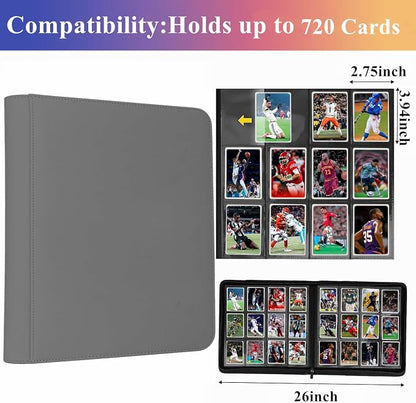 12 Pocket Card Binder, 720 Pockets PU Leather Zipper Trading Card Collection Album, Side-Loading Card Storage Folders for MTG, TCG, Game/Sport Crads (Grey, 12 Pockets)