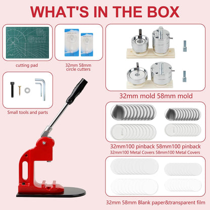 Button Maker Machine Multiple Sizes, Pin Maker Button Machine 1.25+2.25 Inch (32+58mm), DIY Button Press Machine Kit with 200 Button Parts Supplies, Comes with Circle Cutter and Cutting Mat