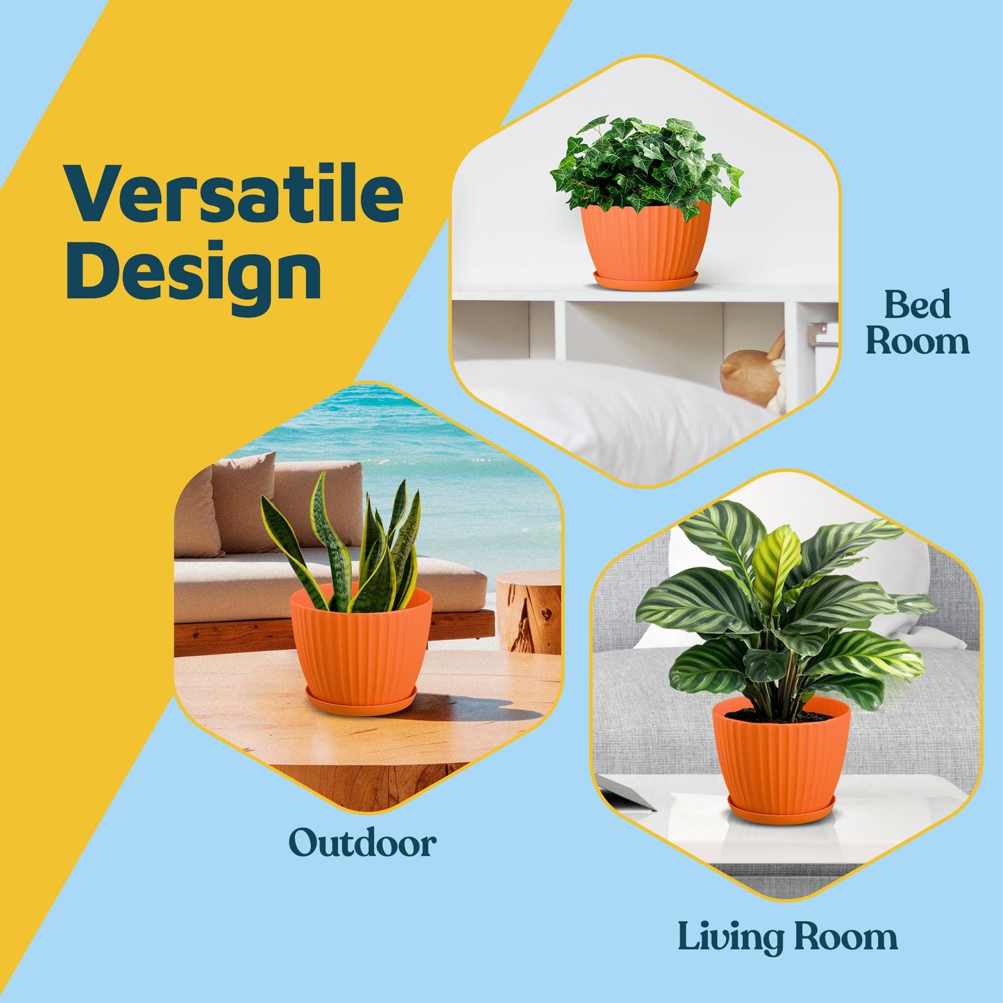 Yellow 6-Inch Plant Pots with Drainage & Saucers 12 Pack, Indoor & Outdoor Planters for Houseplants, Herbs, and Flowers, Durable & Weatherproof Material, Stackable, Lightweight, Minimalist Design