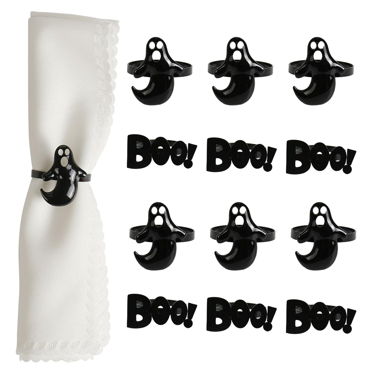Getfitsoo Halloween Napkin Rings Set of 12, Ghost Boo Halloween Black Napkin Holders Metal Buckles for Halloween Party Decorations Home Kitchen Dinner Table Setting