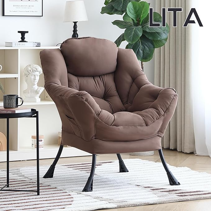 LITA Lazy Chair with Armrests and Side Pocket, Modern Upholstered Accent