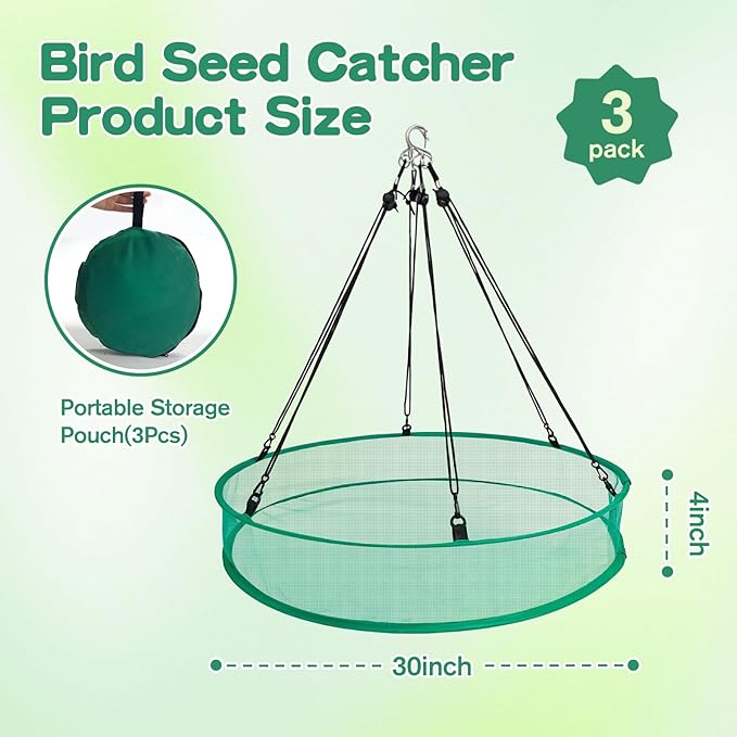 3PCS Bird Seed Catcher Tray 30 Inch Bird Seed Catcher Hanging Hoop Platform for Bird Feeders Includes S-Hooks, Adjustable Ropes & Portable Storage Pouch