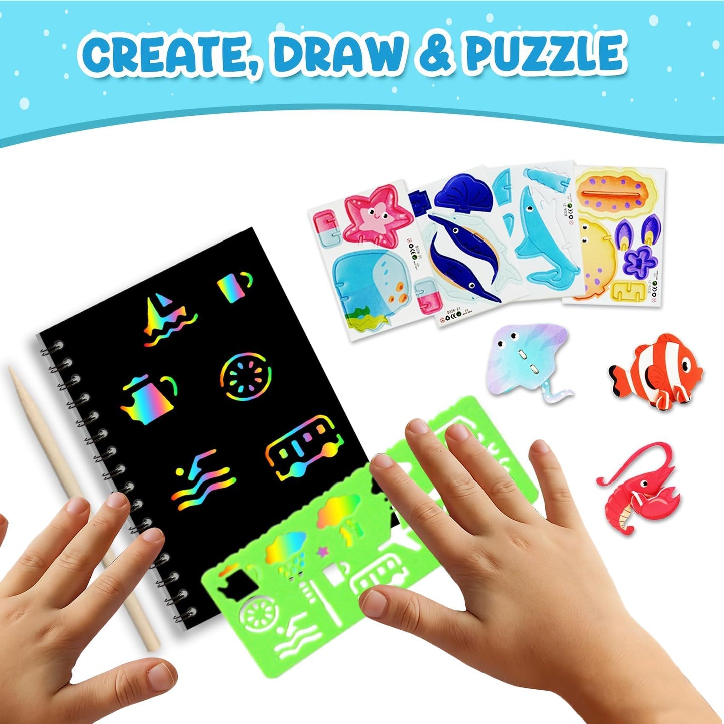 ZMLM 24 Pack Scratch Art Party Favors for Kids 4-8 – Individually Wrapped Rainbow Notebooks, Mess-Free Goodie Bag Stuffers, Non-Candy, Classroom Prizes, Travel Quiet Time Crafts for Boys Girls(Ocean)