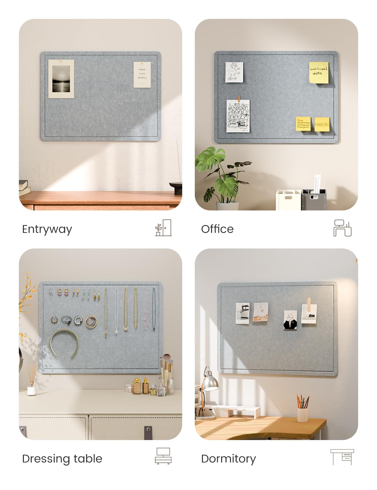 Fluxynara Bulletin Board, 23.6" x 17.5" Cork Board Alternative with 12 Safe Removable Adhesive Tabs, Foldable Felt Pin Board for Home Office, Classroom, Bedroom,Entryway for Walls—Blue Gray