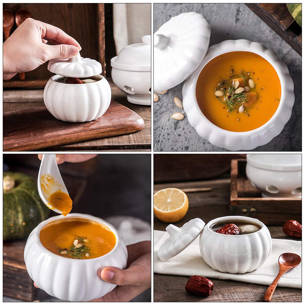 BESTonZON Ceramic Pumpkin Soup Bowl with Lid 4.13 Inch Covered Stew Soup Bowl Porcelain Serving Dish for Pumpkin Desserts and Stews Kitchen Dinnerware