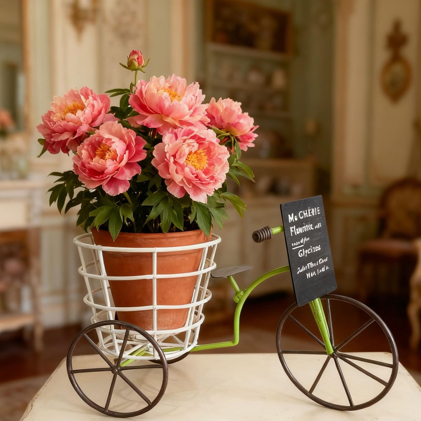EINCORN Beautiful Iron Tricycle Flower Pots Holder Container with Deeping Basket for Living Room Indoor Outdoor Garden Decoration Beautiful Iron Tricycle Flower Pots Holder Container