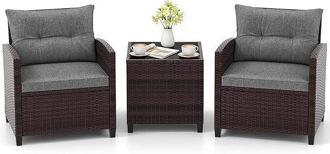 COSTWAY 3PCS Patio Furniture Set, PE Rattan Wicker Sofa w/Washable Cushion and