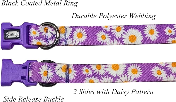 Dog Collar and Leash Set, Cute Daisy Pattern, Polyester Material, 5ft Leash, for Large Dogs.(Large,Purple Daisy)