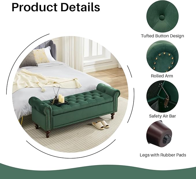 SOFTHION 58.1" Storage Bench Upholstered Velvet End of Bedroom Bed Bench Ottoman